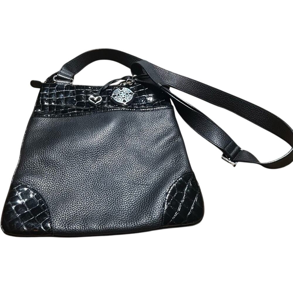 Brighton Black Pebbled Leather Crossbody Bag with Croc Trim